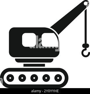 Dieses einfache Vektorsymbol zeigt einen Raupenkran, der mit abgesenktem Haken auf Ketten arbeitet Stock Vektor