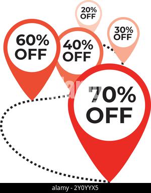 Die rote Pin zeigt Rabatte auf gepunktete Linien. Symbole für Verkaufskonzepte für Geschäft und Einzelhandel. Mode Geburtstag Vektor Illustration. Stock Vektor