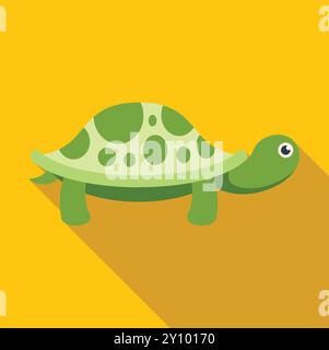 Minimalistische Vektor-Illustration einer grünen Schildkröte, die von links nach rechts auf einem gelben Hintergrund mit einem langen Schatten läuft Stock Vektor