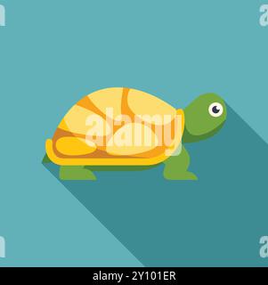 Minimalistische Vektor-Illustration einer niedlichen grünen Schildkröte mit einer gelben Schale, die nach rechts geht, im flachen Design-Stil mit langem Schatten Stock Vektor