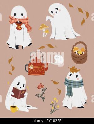 Gezeichneter Stil. Gemütliche Geisterfiguren schlürfen Tee und lesen Bücher und verleihen jedem Stickerset eine süße Herbststimmung. Stockfoto