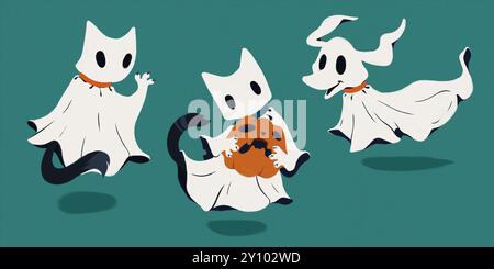 Gezeichneter Stil. Niedliche Geisterkatzen, die spielerisch mit Jack-o'-Laterne interagieren, verleihen Stickern einen unbeschwerten gruseligen Charme. Stockfoto