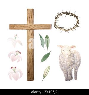 Holzkreuz, Lamm, Dornenkrone, Lilienaquarell isoliert auf weiß. Illustration perfekt für Karten, Aufkleber, Ostern, Pessach, Karwochentag Stockfoto