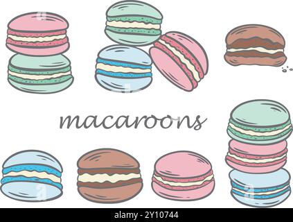Traditionelles französisches Gebäck Makronen-Set. Bunte runde Mandelkekse mit Marmelade, handgraviert. Handgezeichnete Kuchen im Stapel, separate Clip-Art Stock Vektor