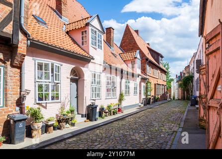 Die Düvekenstraße ist eine alte Kopfsteinpflasterstraße im historischen Zentrum Lübecks, gesäumt von Stadthäusern aus dem 14. Jahrhundert. Stockfoto