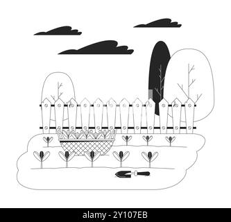 Setzlinge Korb und Schaufel in Küche Garten schwarz-weiß flache Linie Illustration Stock Vektor
