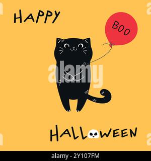Niedliche handgezeichnete schwarze Katze mit einem Ballon verziert mit Phrase Boo. Happy Halloween Grußkarte. Vektorabbildung Stock Vektor