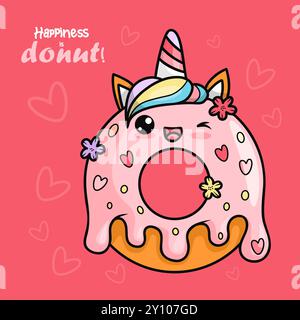 Lustiges süßes Donut-Einhorn mit tropfender Glasur. Festliche Karte mit köstlichem Gebäck Cartoon Kawaii Charakter auf rosa Hintergrund. Vektor Stock Vektor