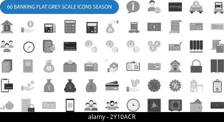 Bank flache Graustufensymbole eingestellt. Info, Geldautomat, Berechnung, Darlehen, Kapital, Checkliste, Währung, Dokument, Dollar, Identität, Sperre, Geld, Prozentsatz Stock Vektor