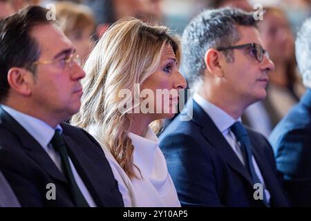 Madrid, Spanien. September 2024. Yolanda Diaz, spanische Arbeits- und Sozialministerin und Vizepräsidentin der spanischen Regierung, ebenfalls Gründerin der Partei Sumar, wurde während eines institutionellen Akts am Cervantes Institute gesehen. Quelle: SOPA Images Limited/Alamy Live News Stockfoto