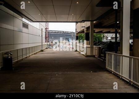 Met Life Stadium in East Rutherford, NJ am Samstag, den 31. August 2024, von der American Dream Mall aus gesehen. (© Richard B. Levine) Stockfoto