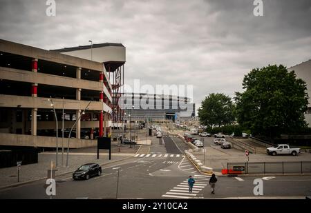 Met Life Stadium in East Rutherford, NJ am Samstag, den 31. August 2024, von der American Dream Mall aus gesehen. (© Richard B. Levine) Stockfoto