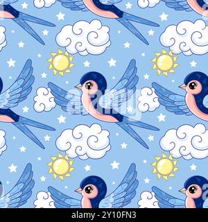 Nahtloses Vektor-Muster mit fliegenden Schwalben, Wolken und Sonne auf blauem Hintergrund. Für Kinder Design von Stoff, Tapeten, Hintergründen, Drucken, po Stock Vektor