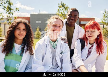 Porträt von vier Medizinstudierenden verschiedener Ethnien in medizinischen Schutten lächelnd und in die Kamera schauend, während sie draußen auf dem Campus abhängen Stockfoto