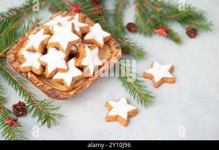 Zimtsterne, Zimtsterne traditionelle deutsche weihnachtskekse in einer Schüssel, Lebkuchen mit Aniswürz für die Feiertage, Tannenzweige Stockfoto