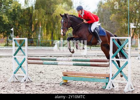 Reitsportler springt an einem sonnigen Tag auf einem braunen Pferd in einer Reitarena im Freien über eine Hürde. Stockfoto