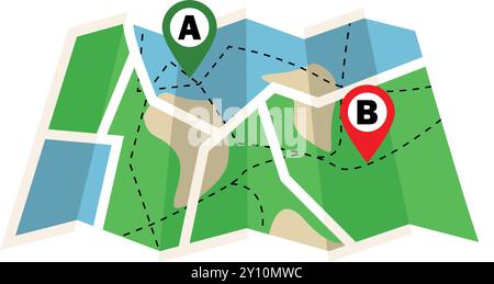 Karte mit zwei Positionen A und B, GPS-Navigation Zweipunkt, Karte, Navigationssymbol in der Karte, Städtekarte Pin-Symbol, GPS-Positionsrichtung, zwei verschiedene Standorte Stock Vektor