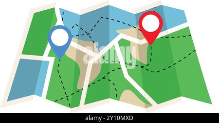 Karte mit zwei Positionssymbolen, GPS-Navigation zwei Punkte, Karte, Navigationssymbol in der Karte, Städtekarte PIN-Symbol, GPS-Positionsrichtung, zwei verschiedene Positionen, Stock Vektor