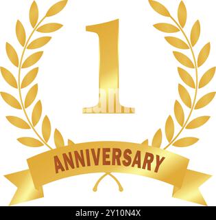 1. Jahrestag, Goldene Blätter, Goldener Rang, Goldenes kreisförmiges Lorbeerblatt, Lorbeerlaub, Goldener Lorbeerkranz, Lorbeerblätter mit Band, eine Ja Stock Vektor