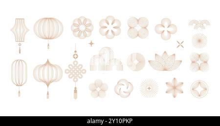 Chinesische Neujahrssymbole, Symbole und Dekorationen. Abstraktes lineares Design, Illustrationen. Laternen, Blumen, Wolken und Rahmen. Sammlung von Stock Vektor