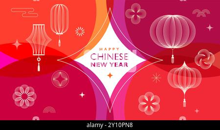 Chinesisches Neujahr 2025. Abstrakte Kunst, Illustrationen, Poster, Banner. Rote traditionelle chinesische Vektordesigns mit linearen Laternen, Blumen, Dekorationen Stock Vektor