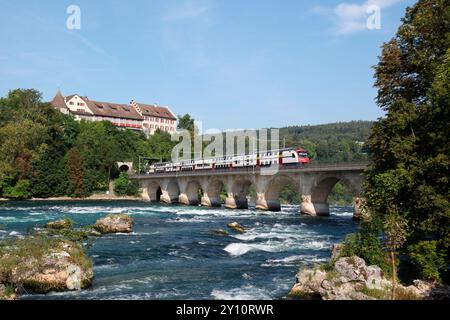 Nur wenige Meter oberhalb des berühmten Rheinfalls in Schaffhausen (aber in Neuhausen) überquert die Bahnstrecke Schaffhausen – Winterthur den Rhein. Die Strecke wird von den Schweizerischen Bundesbahnen betrieben, so dass Sie Ihre Uhr nach dem Fahrplan einstellen können. Stockfoto