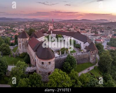 Blick auf die Burg von Ljubljana und die Stadt mit fünfeckiger Bastion, Archer's Tower, Innenhof in der slowenischen Hauptstadt Stockfoto