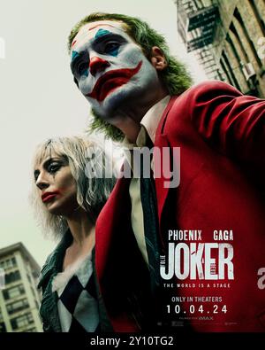 Joker: Folie à Deux (2024) unter der Regie von Todd Phillips mit Joaquin Phoenix, Zazie Beetz, Brendan Gleeson und Lady Gaga. Mit Spannung erwartete Fortsetzung des von der Kritik gefeierten Joker-Films aus dem Jahr 2018. US Advance Poster***NUR FÜR REDAKTIONELLE ZWECKE***. Quelle: BFA / Warner Bros Stockfoto