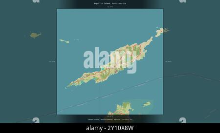 Anguilla Island in der Karibik, die zu Anguilla gehört, wurde auf einer topografischen Karte im humanitären OSM-Stil beschrieben und hervorgehoben Stockfoto