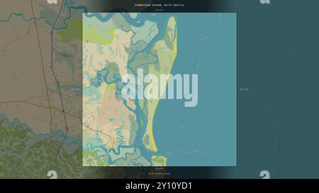 Cumberland Island im Nordatlantik, die zu den Vereinigten Staaten gehört, wurde auf einer topografischen Karte im humanitären OSM-Stil beschrieben und hervorgehoben Stockfoto