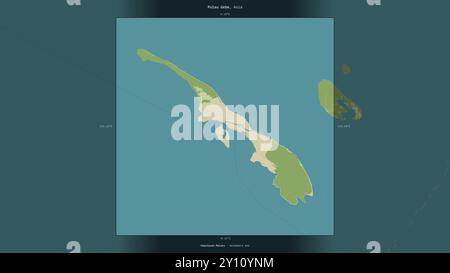 Pulau Gebe im Halmahera-Meer, das zu Indonesien gehört, beschreibt und markiert auf einer topografischen Karte im humanitären OSM-Stil Stockfoto