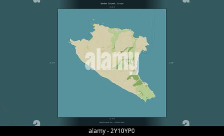 Die Insel Gavdos im Mittelmeer - Ostbecken, das zu Griechenland gehört, wird auf einer topografischen Karte im humanitären OSM-Stil beschrieben und hervorgehoben Stockfoto