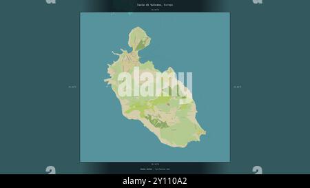 Die Isola di Vulcano im Tyrrhenischen Meer, die zu Italien gehört, wurde auf einer topografischen Karte im humanitären OSM-Stil beschrieben und hervorgehoben Stockfoto