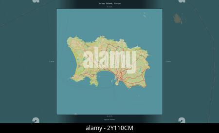 Jersey Island im Ärmelkanal, die zu Jersey gehört, wurde auf einer topografischen Karte im humanitären OSM-Stil beschrieben und hervorgehoben Stockfoto