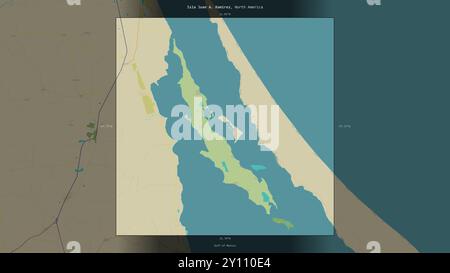 Isla Juan A. Ramirez im Golf von Mexiko, der zu Mexiko gehört, beschreibt und markiert auf einer topografischen Karte im humanitären OSM-Stil Stockfoto