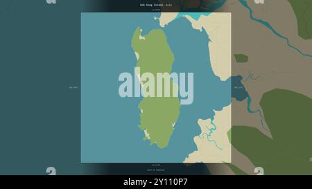 Die Insel Koh Kong im Golf von Thailand, die zu Kambodscha gehört, wurde auf einer topografischen Karte im humanitären OSM-Stil beschrieben und hervorgehoben Stockfoto