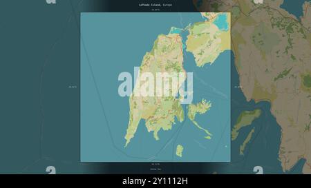 Die Insel Lefkada im Ionischen Meer, die zu Griechenland gehört, wurde auf einer topografischen Karte im humanitären OSM-Stil beschrieben und hervorgehoben Stockfoto