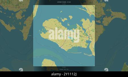 Lolland Island im Kattegat, das zu Dänemark gehört, beschreibt und markiert auf einer topografischen Karte im humanitären OSM-Stil Stockfoto