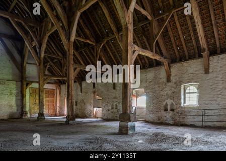 Das Innere zeigt einen hölzernen Fachwerkstuhl aus dem 13. Jahrhundert der gotischen Klosterscheune der Abtei Ter Doest in Lissewege bei Brügge, Westflandern, Belgien Stockfoto