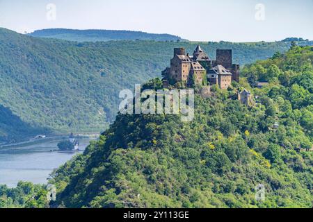 Schloss Schönburg und Rhein, Weltkulturerbe Oberes Mittelrheintal, Oberwesel, Rheinland-Pfalz, Deutschland Stockfoto