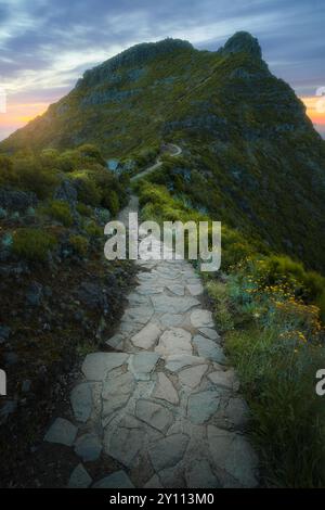 Der Weg Richtung Pico Ruivo in Madeira, Portugal. Wanderziel in Europa. Sonnenaufgang hinter dem Berg Stockfoto