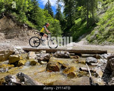 Junger Radfahrer auf dem Weg zur Oberbrunnalm, Waldweg, Giessenbachtal, Karltal, Wasser, Natur, Berge, Aktivität, Sonne, Wolken, blauer Himmel, Radtour, Karwendelgebirge, Naturpark Karwendel, Tirols Hochplateau, Scharnitz, Tirol, Österreich Stockfoto