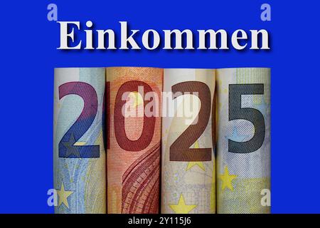 Jahreszahl 2025 aus Geldscheinen und Einkommen Jahreszahl 2025 aus Geldscheinen und Einkommen, 04.09.2024, Borkwalde, Brandenburg, über verschiedene Geldscheinen mit derJahreszahl 2025 befindet sich der Schriftzug Einkommen. *** Jahr 2025 aus Banknoten und Einnahmenjahr 2025 aus Banknoten und Einkünften, 04 09 2024, Borkwalde, Brandenburg, über verschiedenen Banknoten mit dem Jahr 2025 ist der Einnahmewert Stockfoto