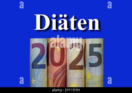 Jahreszahl 2025 aus Geldscheinen und Diäten Jahreszahl 2025 aus Geldscheinen und Diäten, 04.09.2024, Borkwalde, Brandenburg, über verschiedene Geldscheinen mit derJahreszahl 2025 befindet sich der Schriftzug Diäten. *** Jahr 2025 von Banknoten und Diäten Jahr 2025 von Banknoten und Diäten, 04 09 2024, Borkwalde, Brandenburg, über verschiedenen Banknoten mit dem Jahr 2025 sind die Briefdiäten Stockfoto