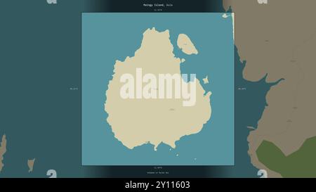 Die Insel Maingy in der Andamanen oder Birma-See, die zu Myanmar gehört, wurde auf einer topografischen Karte im humanitären OSM-Stil beschrieben und hervorgehoben Stockfoto