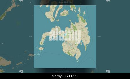 Die Insel Mindanao in der Sulu-See, die zu den Philippinen gehört, wurde auf einer topografischen Karte im humanitären OSM-Stil beschrieben und hervorgehoben Stockfoto