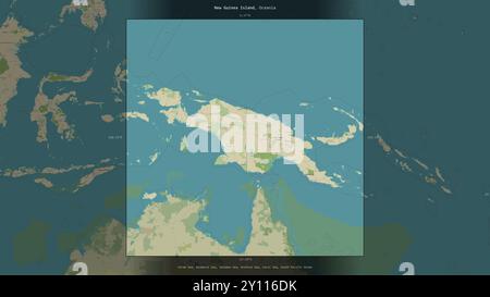 Neuguinea-Insel im Ceram-Meer, gemeinsam mit Papua-Neuguinea, Indonesien, beschrieben und hervorgehoben auf einem topografischen, humanitären OSM-Stil Stockfoto