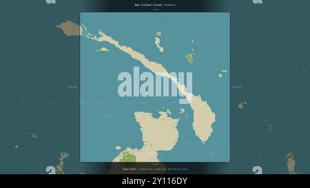 Die Insel Neu Irland in der Salomonensee, die zu Papua-Neuguinea gehört, wurde auf einer topografischen Karte im humanitären OSM-Stil beschrieben und hervorgehoben Stockfoto