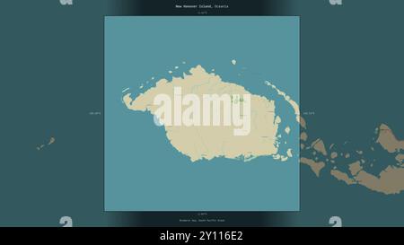 Neuhanover Island in der Bismarcksee, die zu Papua-Neuguinea gehört, wird auf einer topografischen Karte im humanitären OSM-Stil beschrieben und hervorgehoben Stockfoto