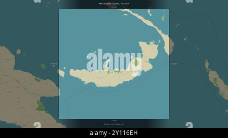 Die zu Papua-Neuguinea gehörende Insel New Britain in der Salomonsee wurde auf einer topografischen Karte im humanitären OSM-Stil beschrieben und hervorgehoben Stockfoto